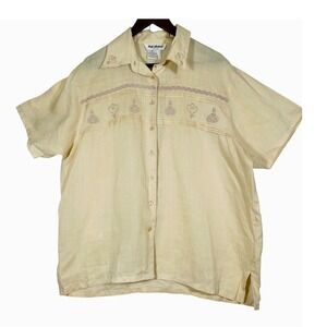 Naji Ahdool Mens 2X 100% Ramie Cream Embroidered Short Sleeve Button Up Shirt